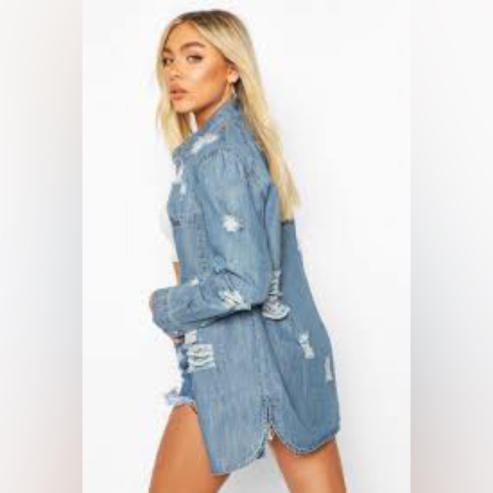 Women’s Jean denim shirt jacket distressed button up - Picture 2 of 11